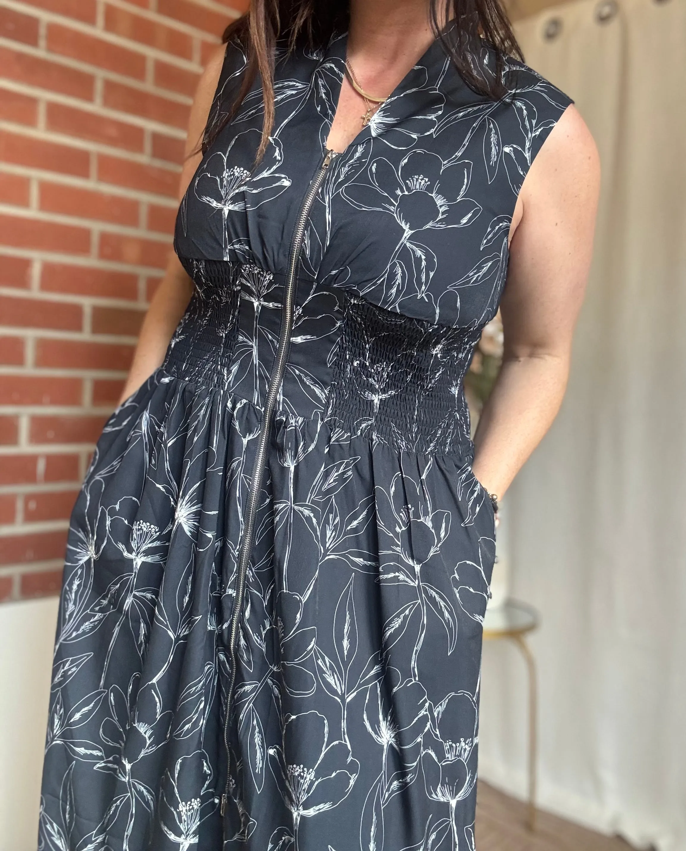 Black Floral Zipped Midi Dress