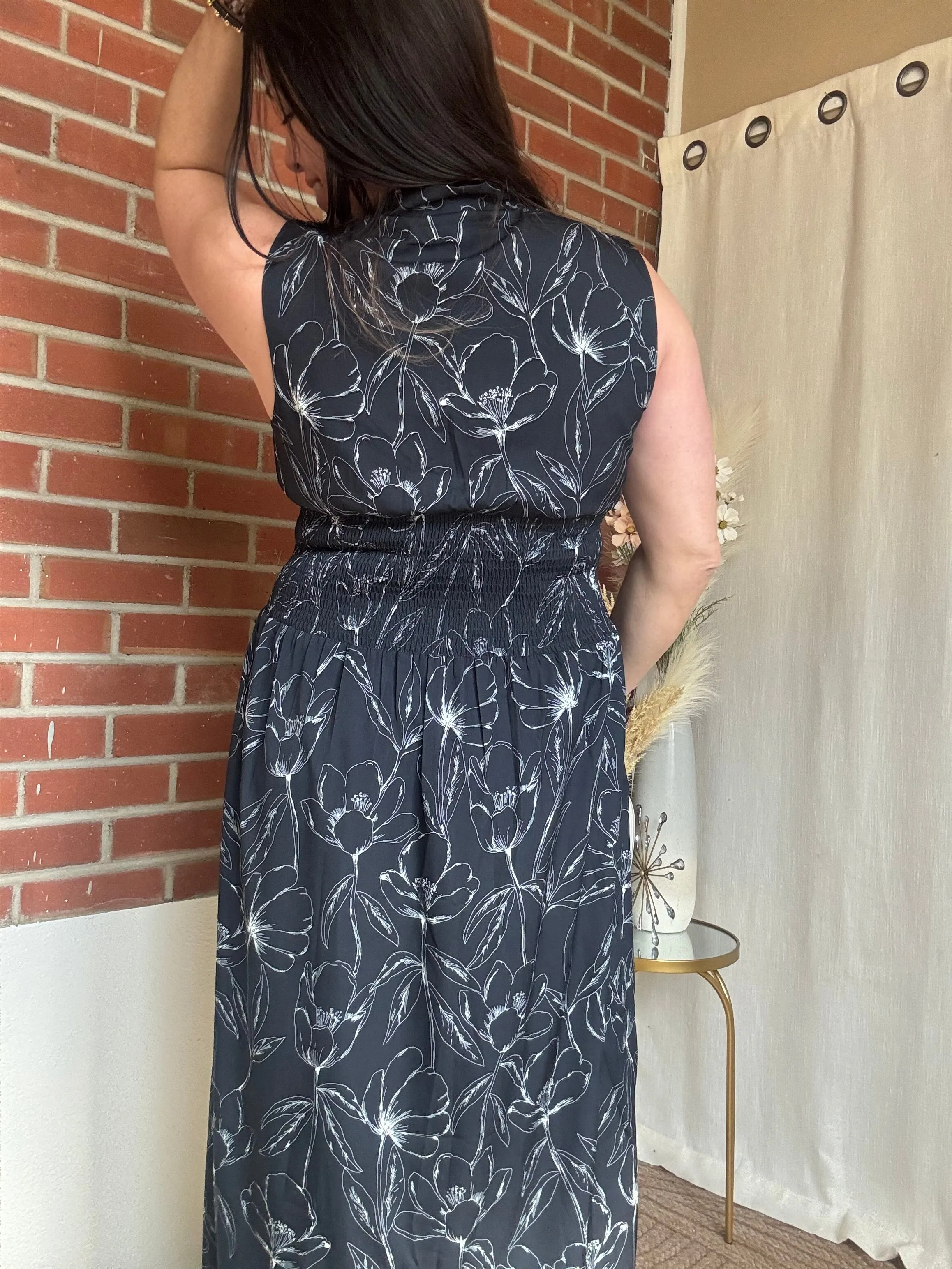 Black Floral Zipped Midi Dress