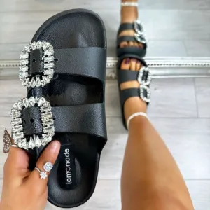 Cammy Diamante double buckle sliders sandals black
