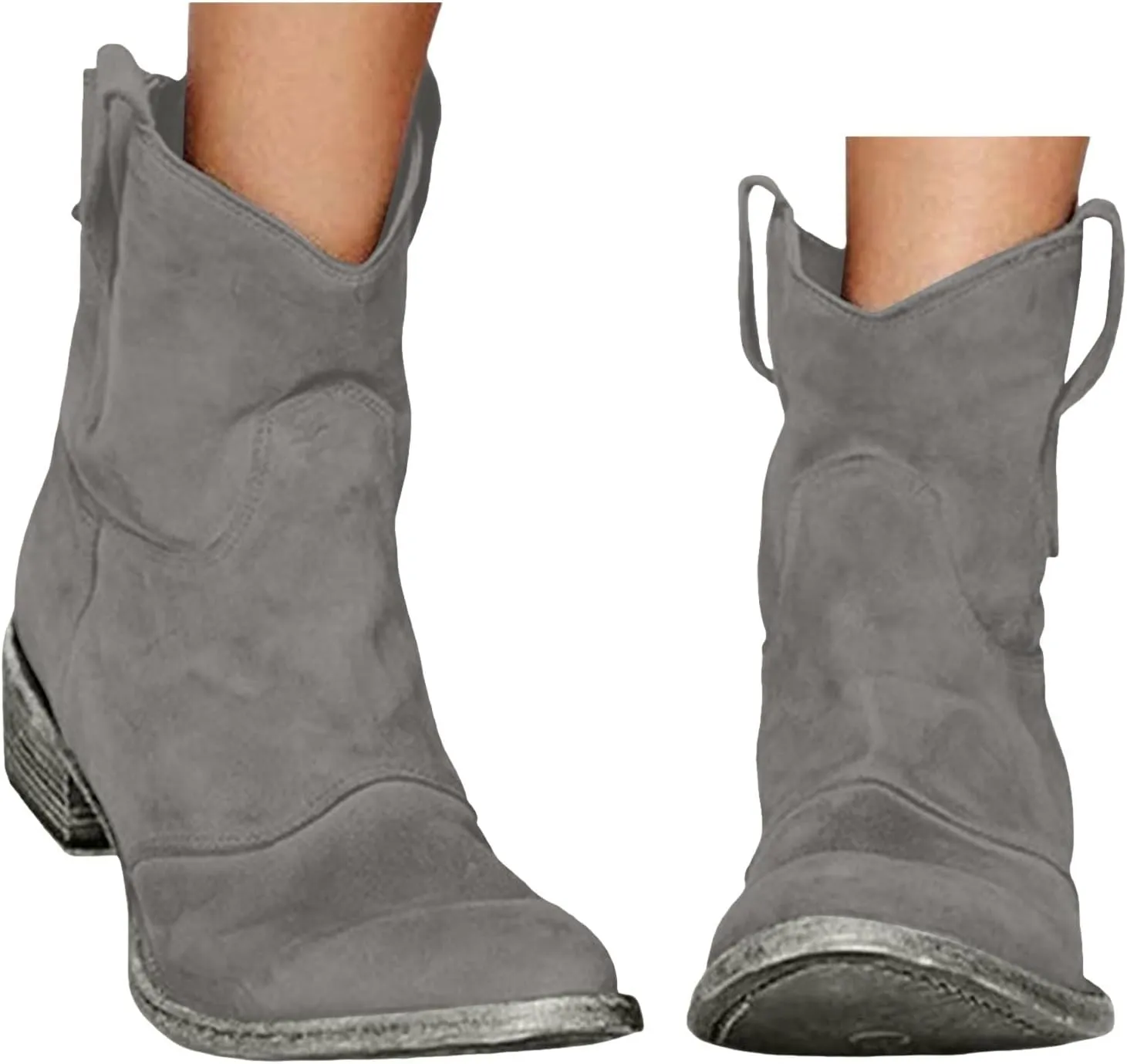 Cathalem Women's Western Cowboy Ankle Boots Low Heel Mid Calf Cowgirl Boots Slip On Round Toe Chunky Heel Fashion Retro Classic Boots Suede Back Zipper Fall Short Ankle Booties