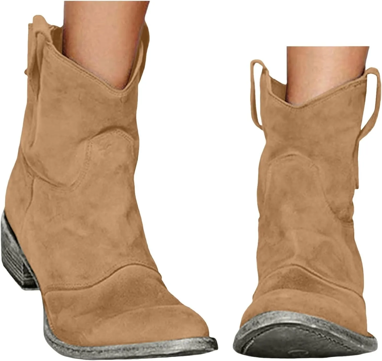 Cathalem Women's Western Cowboy Ankle Boots Low Heel Mid Calf Cowgirl Boots Slip On Round Toe Chunky Heel Fashion Retro Classic Boots Suede Back Zipper Fall Short Ankle Booties