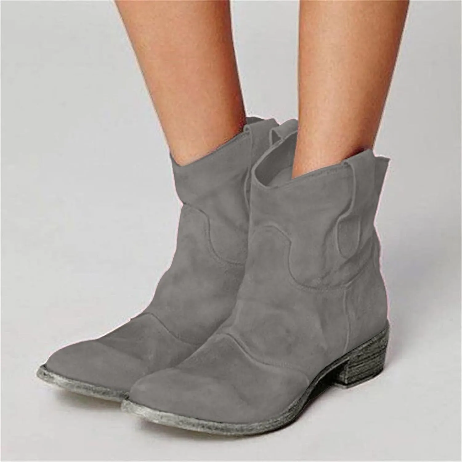 Cathalem Women's Western Cowboy Ankle Boots Low Heel Mid Calf Cowgirl Boots Slip On Round Toe Chunky Heel Fashion Retro Classic Boots Suede Back Zipper Fall Short Ankle Booties