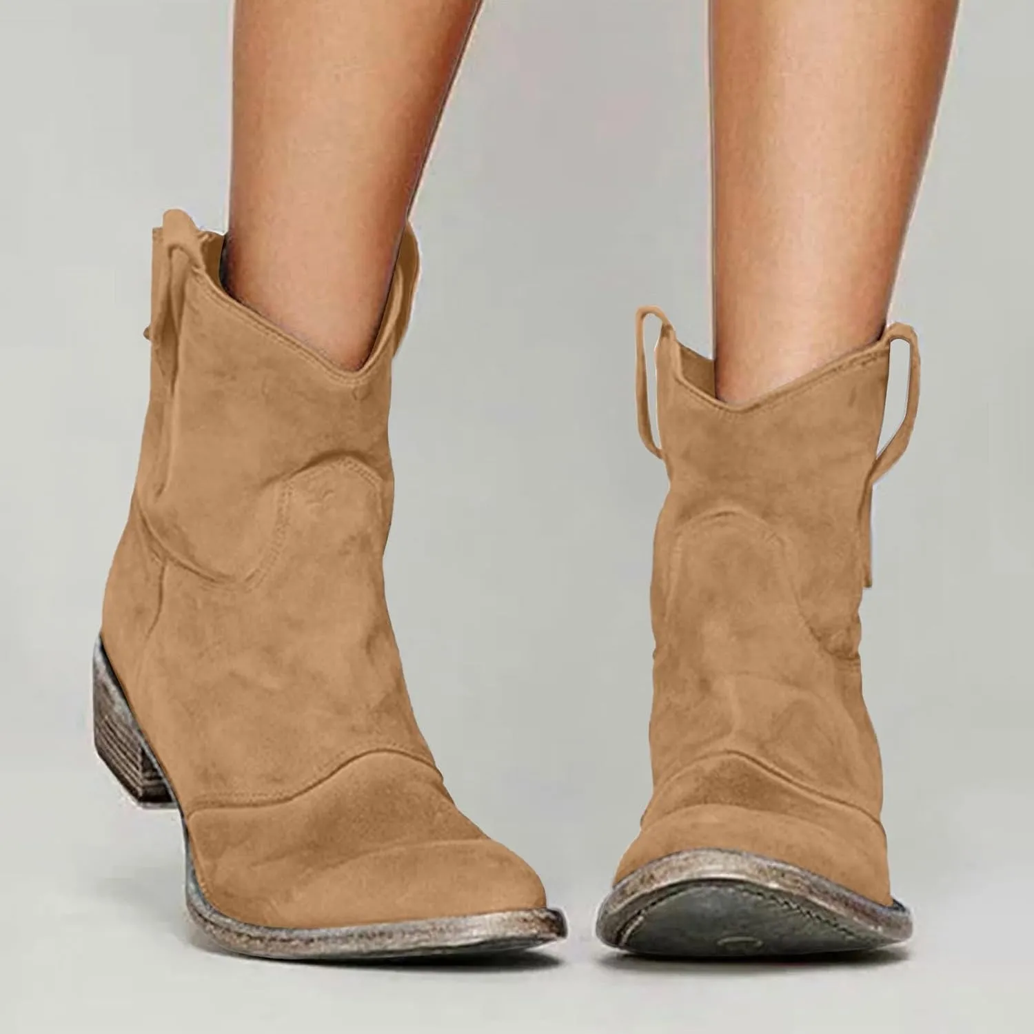 Cathalem Women's Western Cowboy Ankle Boots Low Heel Mid Calf Cowgirl Boots Slip On Round Toe Chunky Heel Fashion Retro Classic Boots Suede Back Zipper Fall Short Ankle Booties