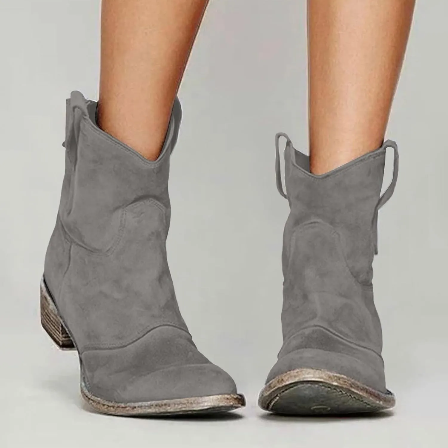 Cathalem Women's Western Cowboy Ankle Boots Low Heel Mid Calf Cowgirl Boots Slip On Round Toe Chunky Heel Fashion Retro Classic Boots Suede Back Zipper Fall Short Ankle Booties