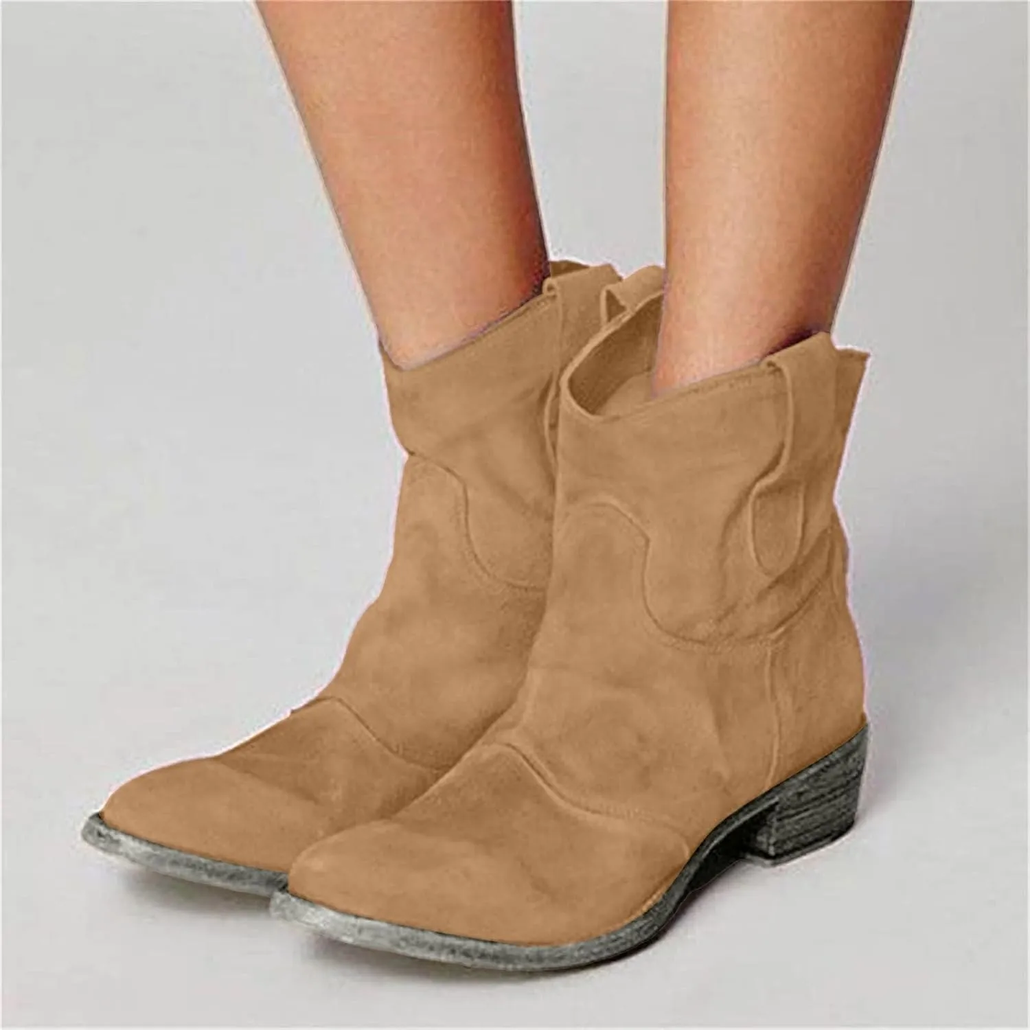 Cathalem Women's Western Cowboy Ankle Boots Low Heel Mid Calf Cowgirl Boots Slip On Round Toe Chunky Heel Fashion Retro Classic Boots Suede Back Zipper Fall Short Ankle Booties
