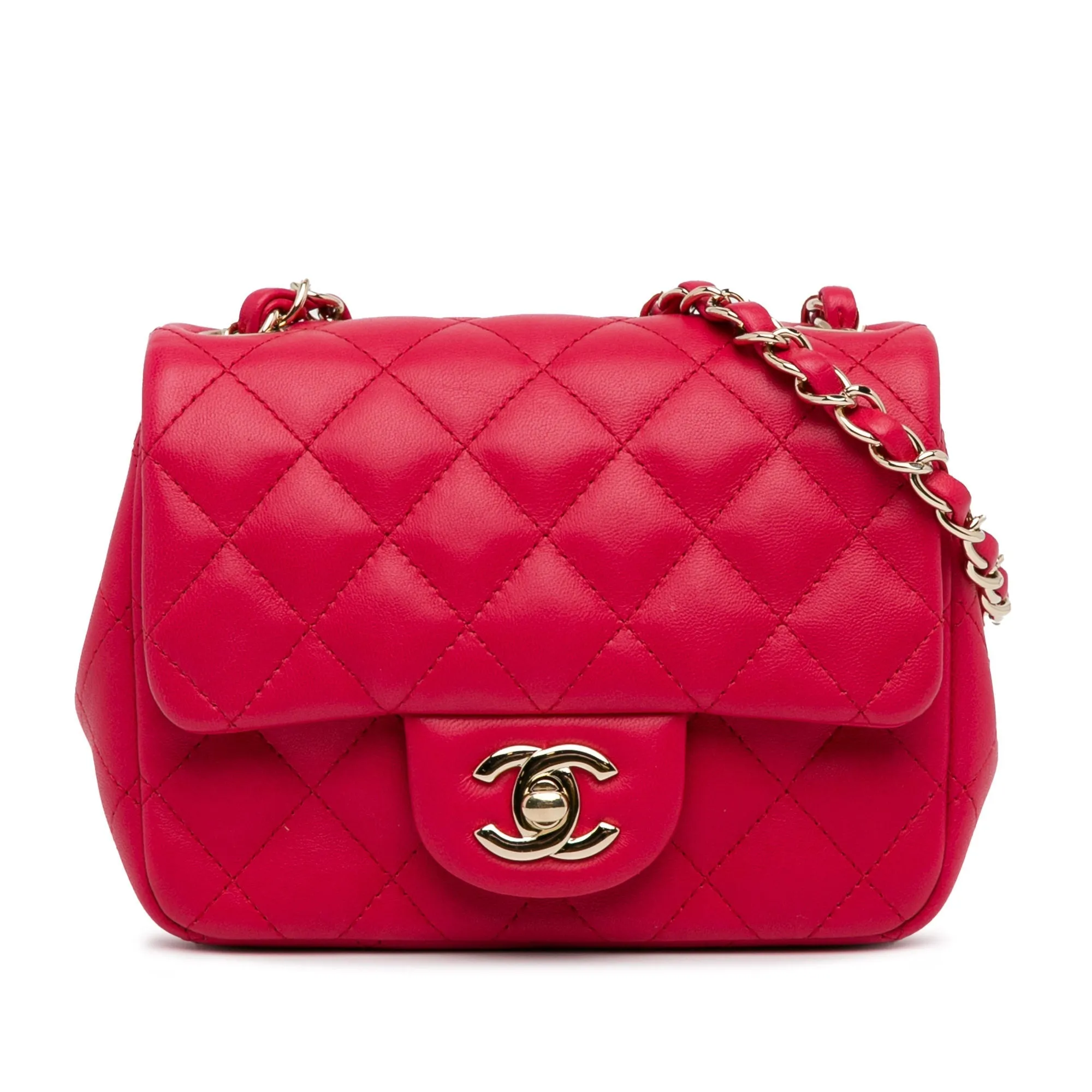 CHANEL Mini Square Classic Lambskin Single New Red