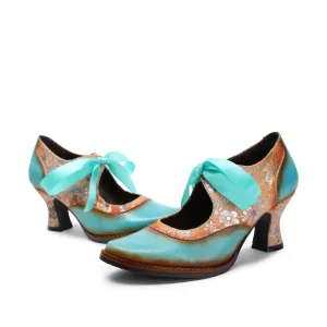 CrazycatZ Women's Leather Mary Jane Shoes Mary Jane Colorful Leather Oxfords Vintage Light Green