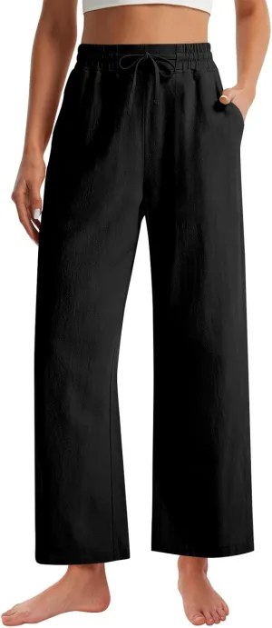 GOFULY Womens Linen Pants Casual Wide Leg 2025 High Rise Pants Drawstring Elastic Waist Summer 2025 Solid Trouser with Pocket