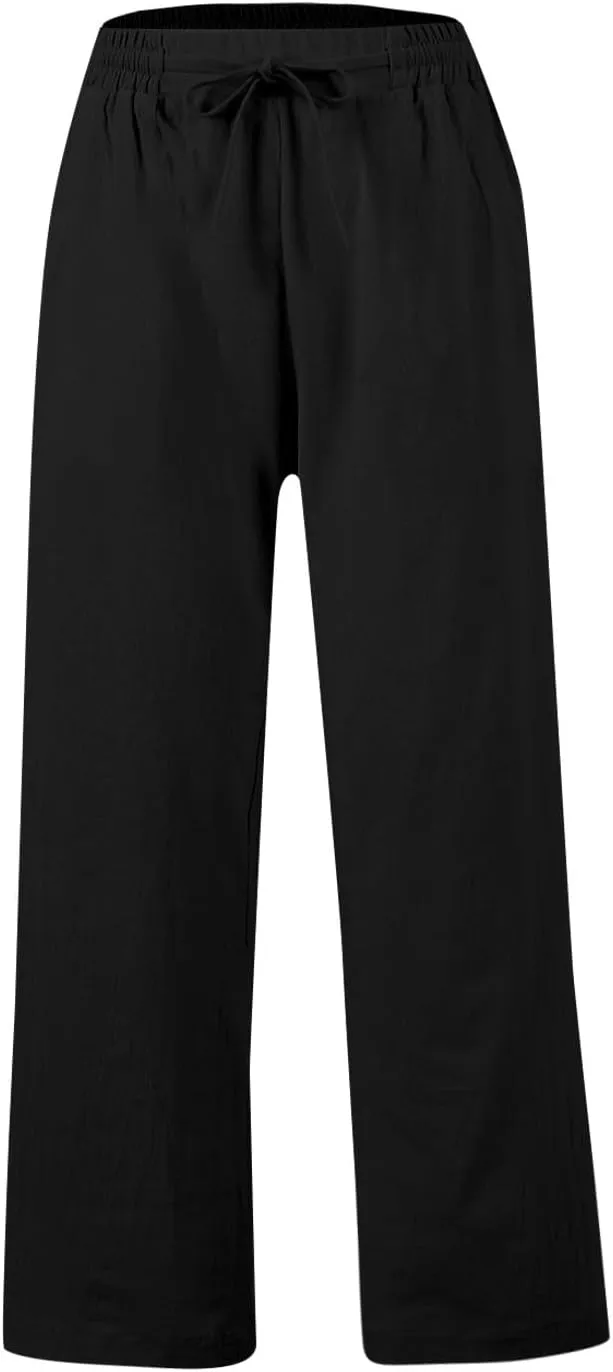 GOFULY Womens Linen Pants Casual Wide Leg 2025 High Rise Pants Drawstring Elastic Waist Summer 2025 Solid Trouser with Pocket