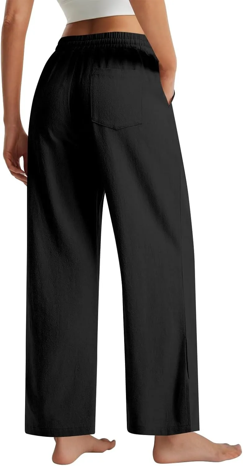 GOFULY Womens Linen Pants Casual Wide Leg 2025 High Rise Pants Drawstring Elastic Waist Summer 2025 Solid Trouser with Pocket