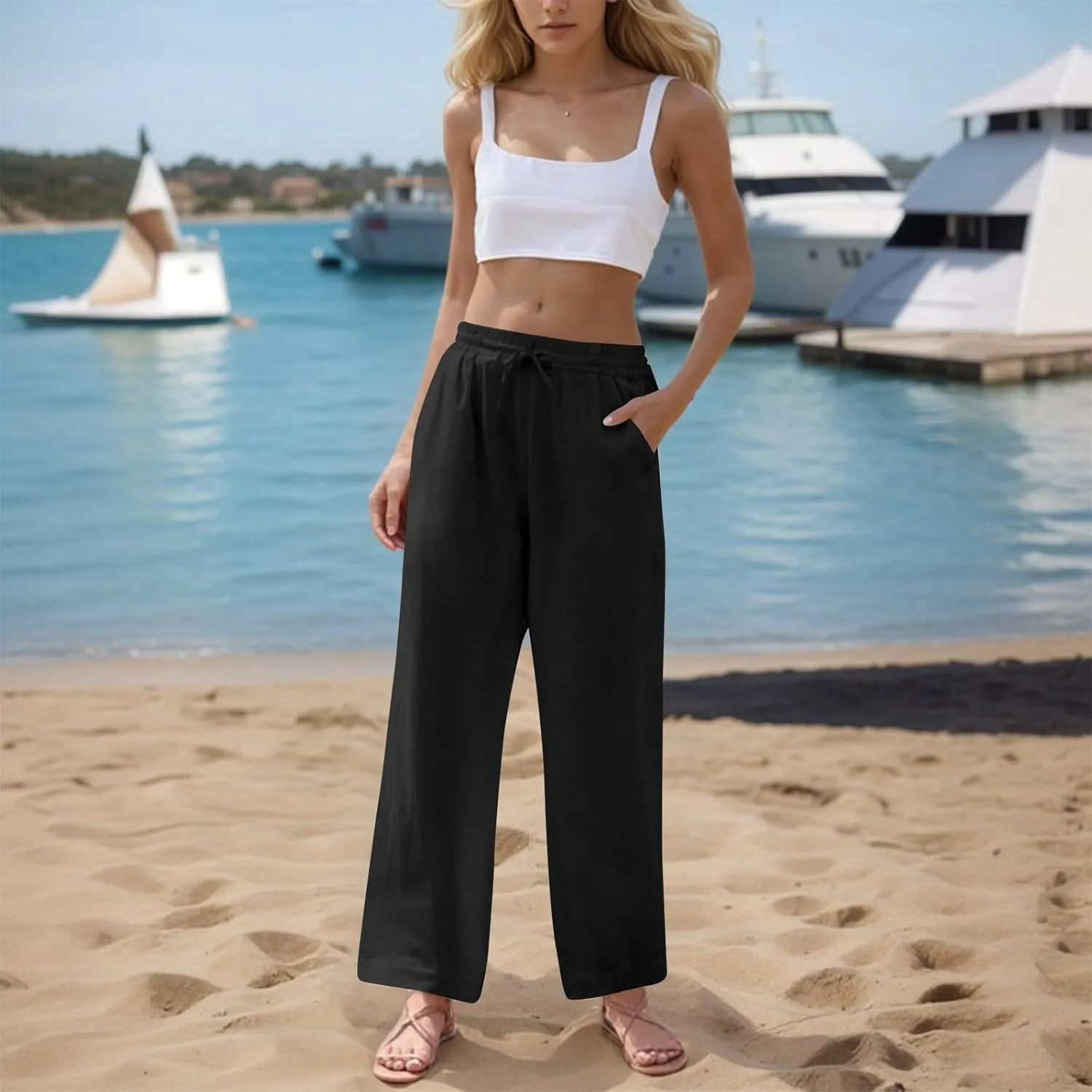 GOFULY Womens Linen Pants Casual Wide Leg 2025 High Rise Pants Drawstring Elastic Waist Summer 2025 Solid Trouser with Pocket