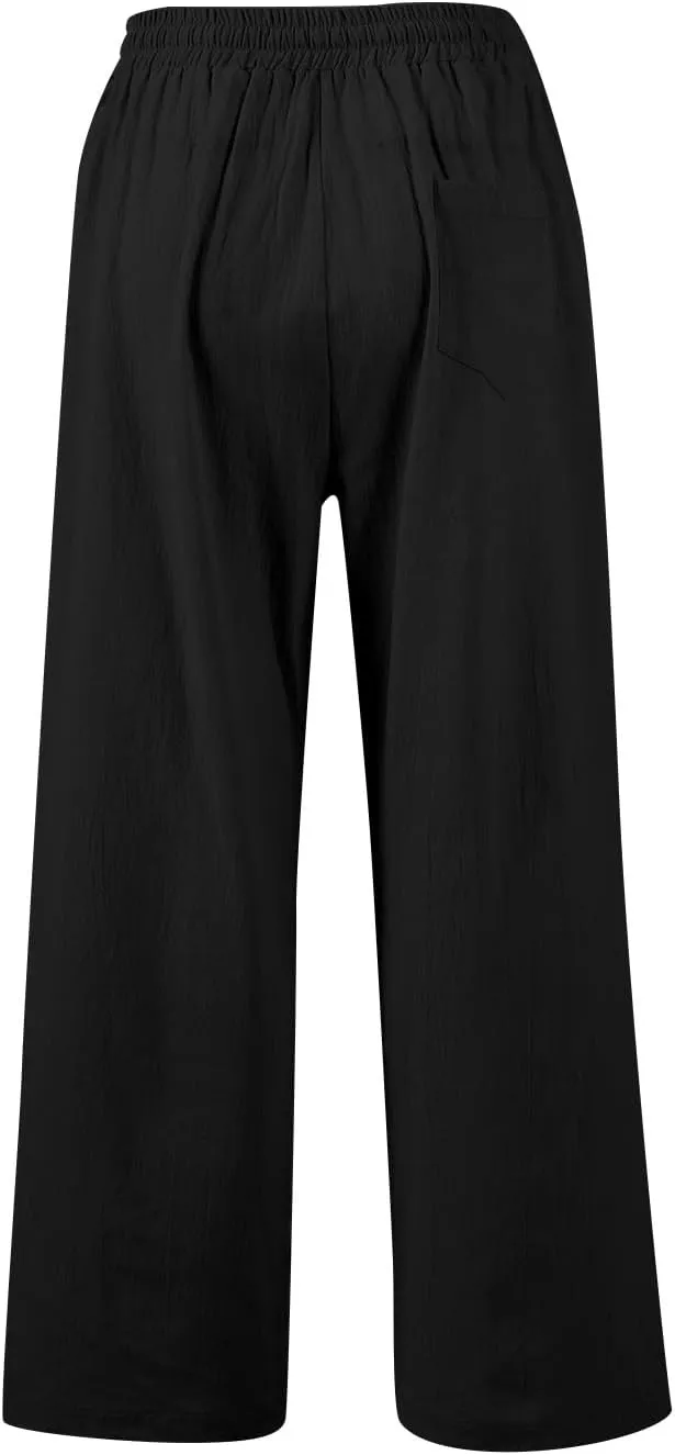 GOFULY Womens Linen Pants Casual Wide Leg 2025 High Rise Pants Drawstring Elastic Waist Summer 2025 Solid Trouser with Pocket