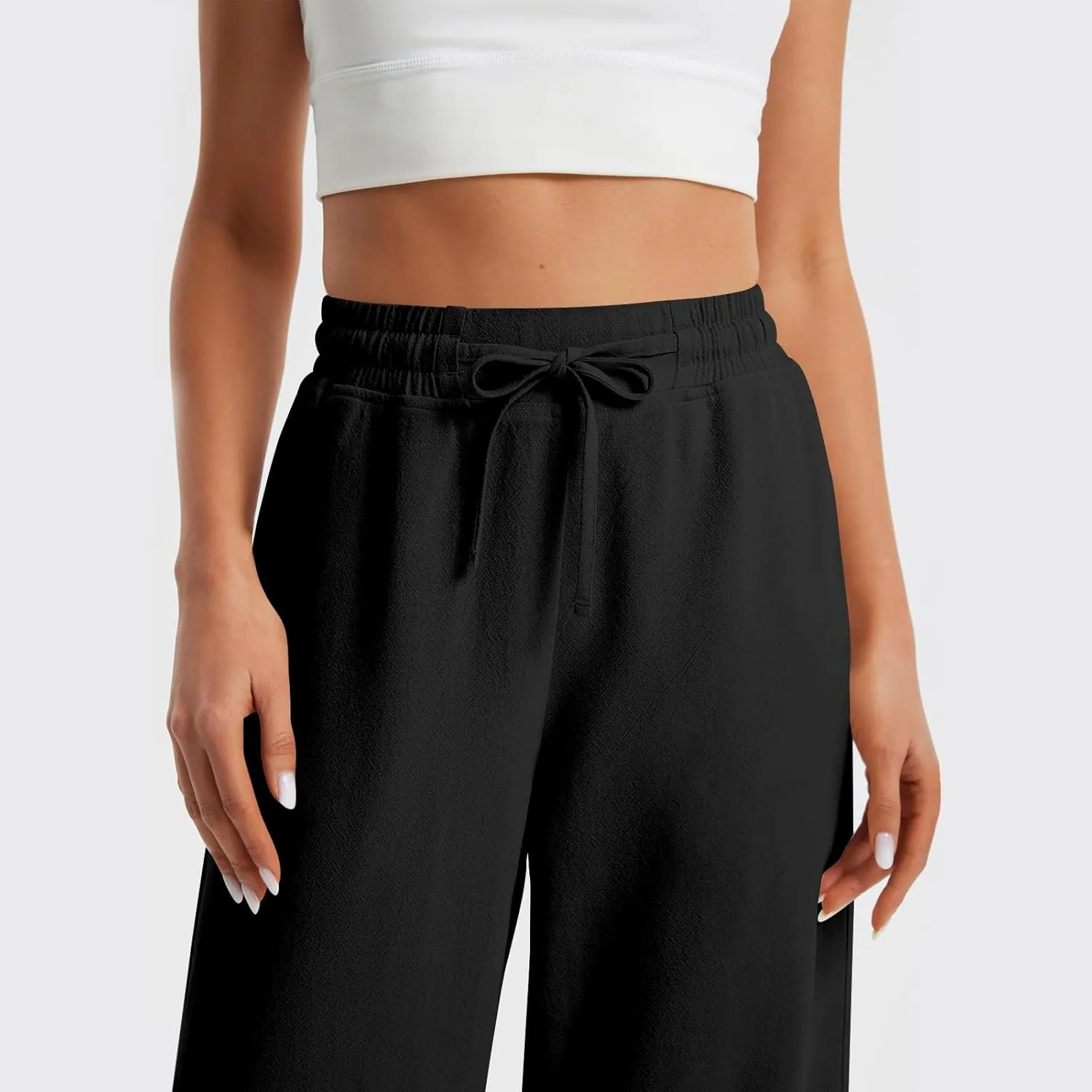 GOFULY Womens Linen Pants Casual Wide Leg 2025 High Rise Pants Drawstring Elastic Waist Summer 2025 Solid Trouser with Pocket
