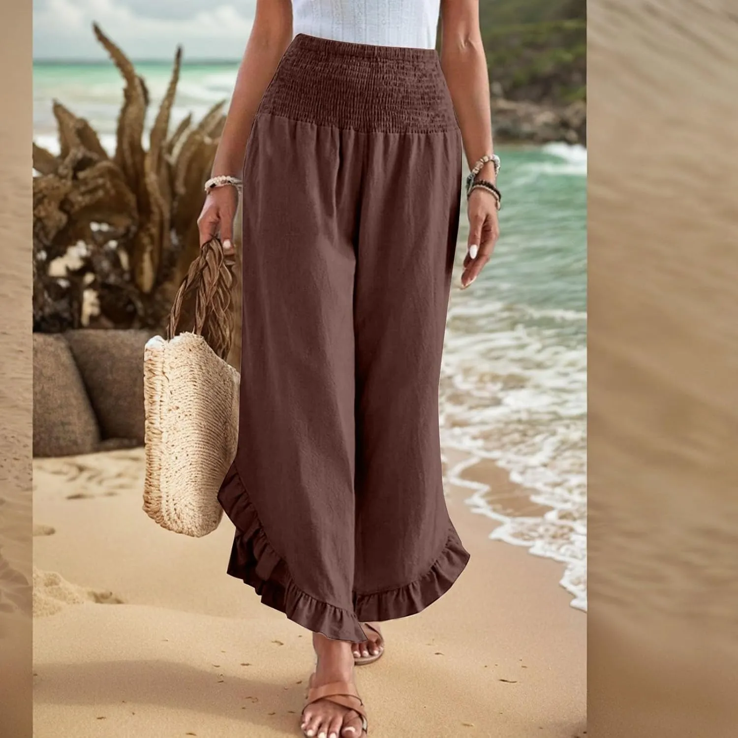 GOFULY Womens Wide Leg Pants Cotton Linen Vacation Summer Elastic Waist Pants High Waisted 2025 Pockets Cropped Solid Trouser