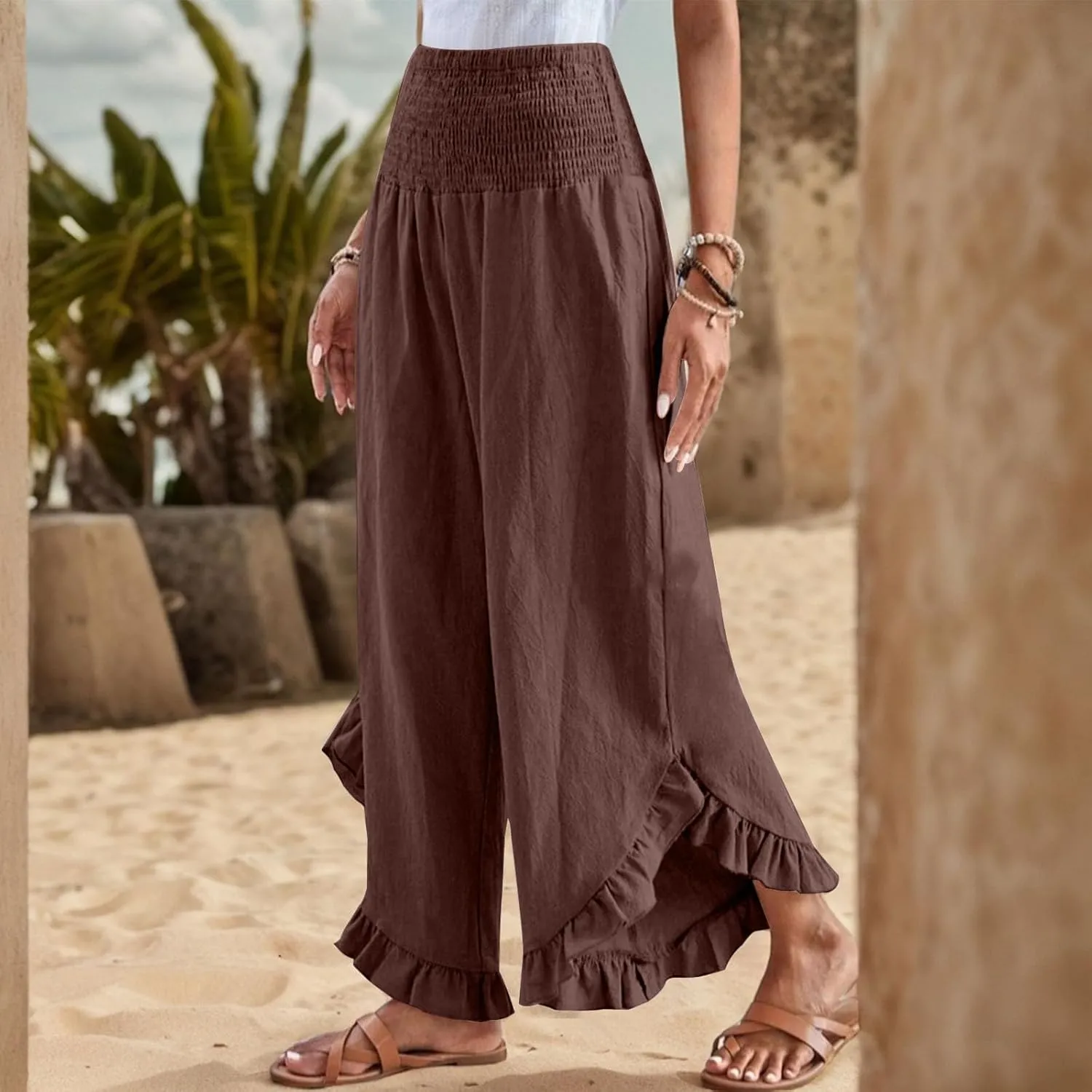 GOFULY Womens Wide Leg Pants Cotton Linen Vacation Summer Elastic Waist Pants High Waisted 2025 Pockets Cropped Solid Trouser