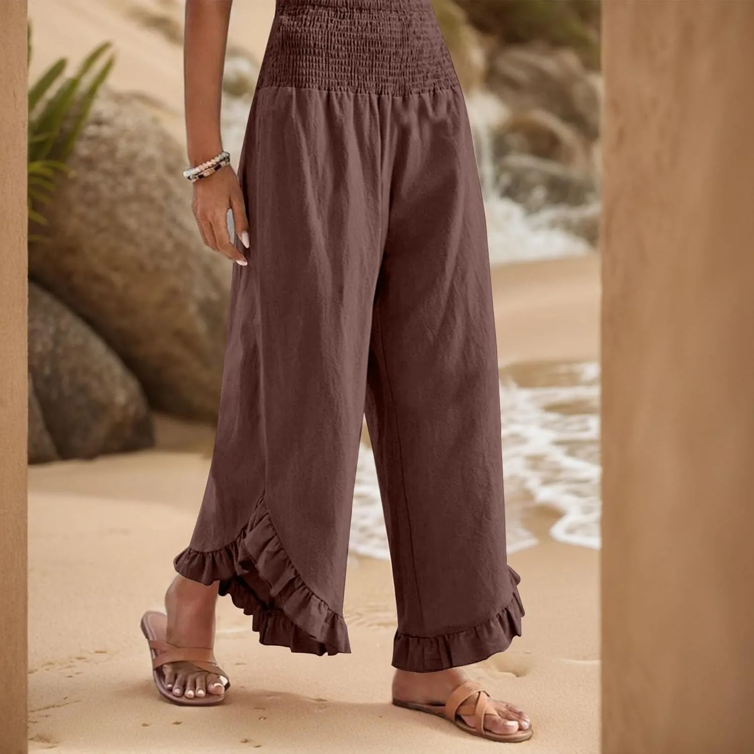 GOFULY Womens Wide Leg Pants Cotton Linen Vacation Summer Elastic Waist Pants High Waisted 2025 Pockets Cropped Solid Trouser