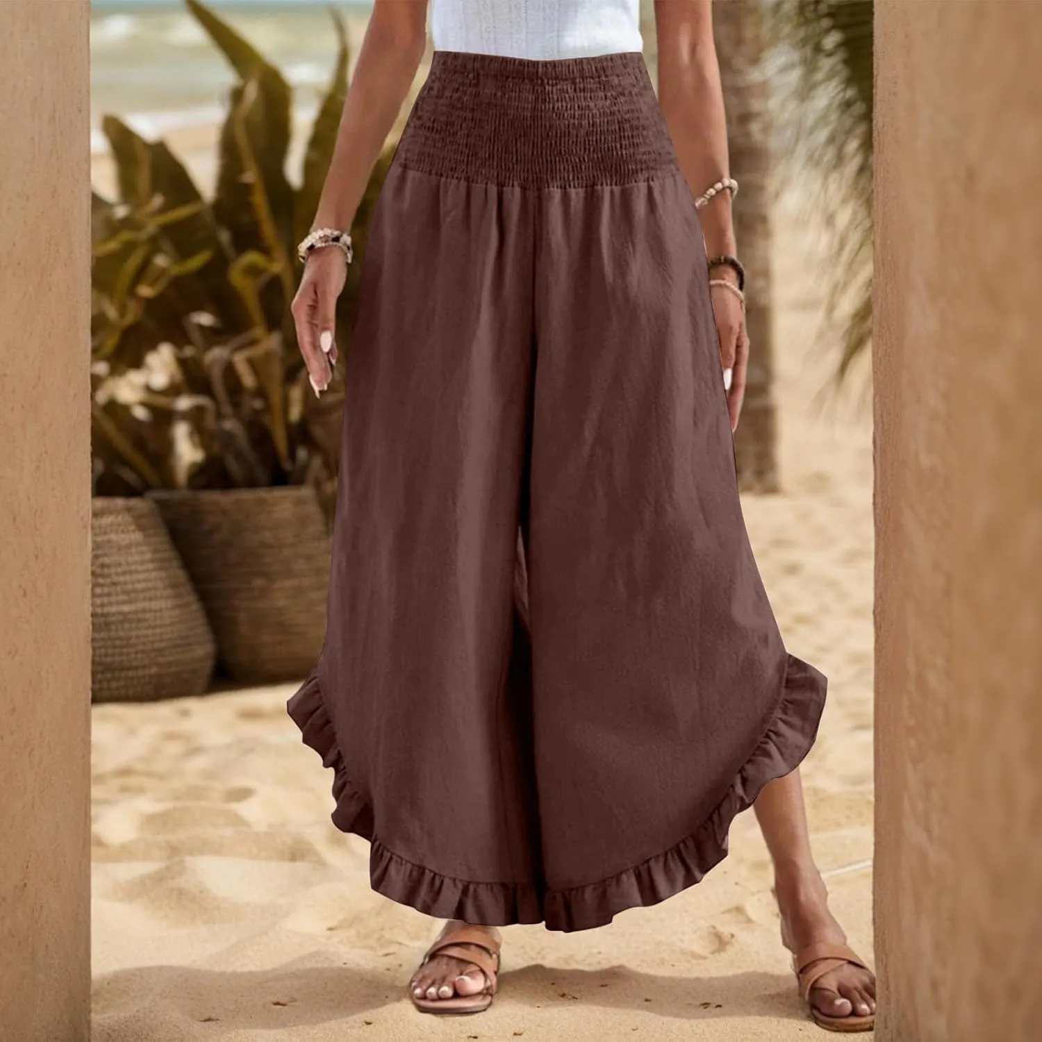 GOFULY Womens Wide Leg Pants Cotton Linen Vacation Summer Elastic Waist Pants High Waisted 2025 Pockets Cropped Solid Trouser