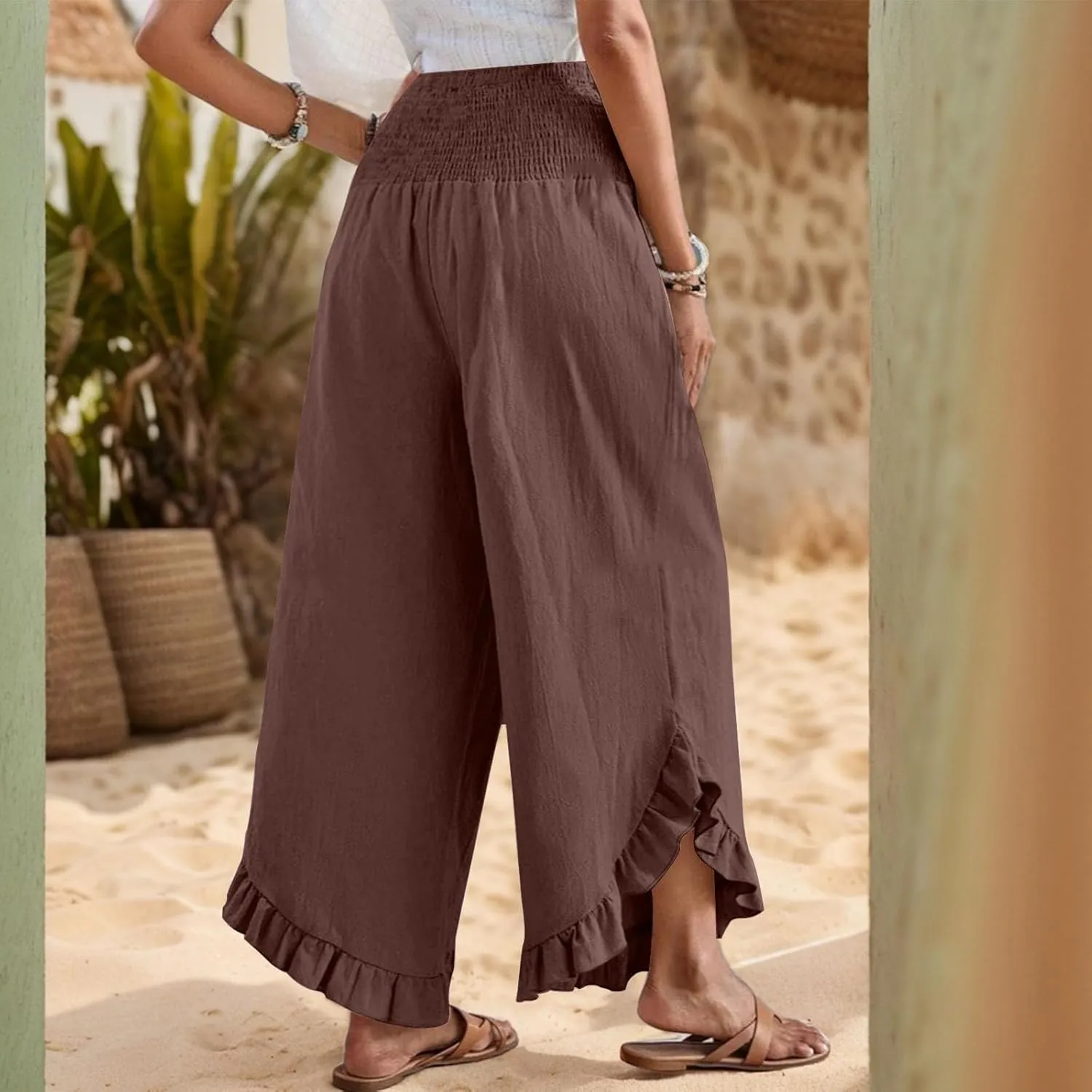 GOFULY Womens Wide Leg Pants Cotton Linen Vacation Summer Elastic Waist Pants High Waisted 2025 Pockets Cropped Solid Trouser