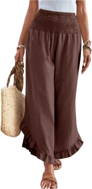 GOFULY Womens Wide Leg Pants Cotton Linen Vacation Summer Elastic Waist Pants High Waisted 2025 Pockets Cropped Solid Trouser
