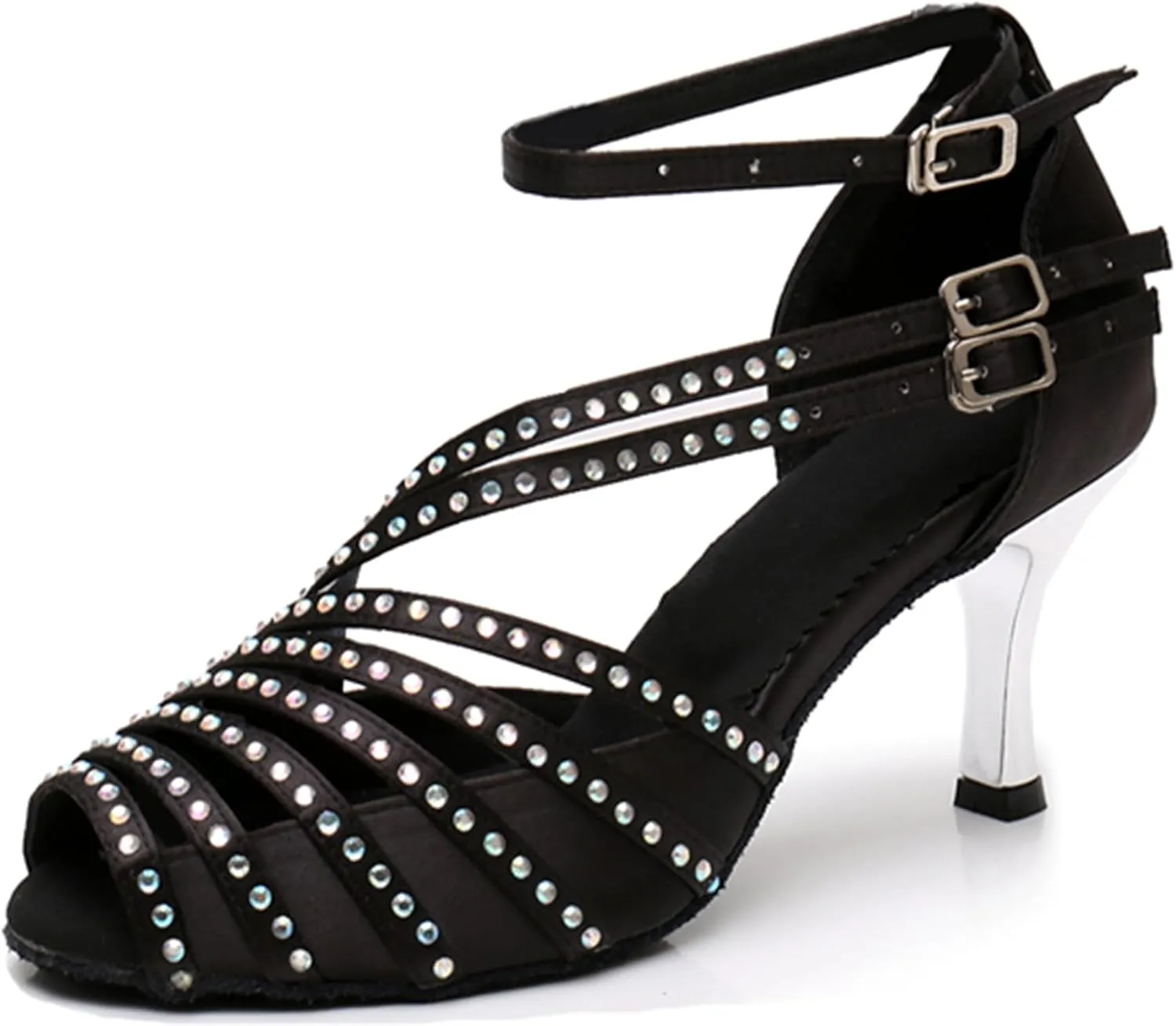Latin Dancing Shoes for Women Ankle Strap Ballroom Dance Classes Heels Wedding Evening Sandals with Rhinestones X010A