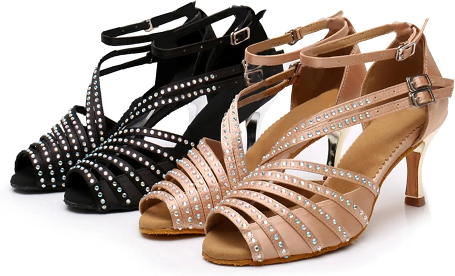 Latin Dancing Shoes for Women Ankle Strap Ballroom Dance Classes Heels Wedding Evening Sandals with Rhinestones X010A