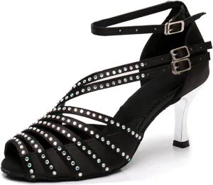 Latin Dancing Shoes for Women Ankle Strap Ballroom Dance Classes Heels Wedding Evening Sandals with Rhinestones X010A
