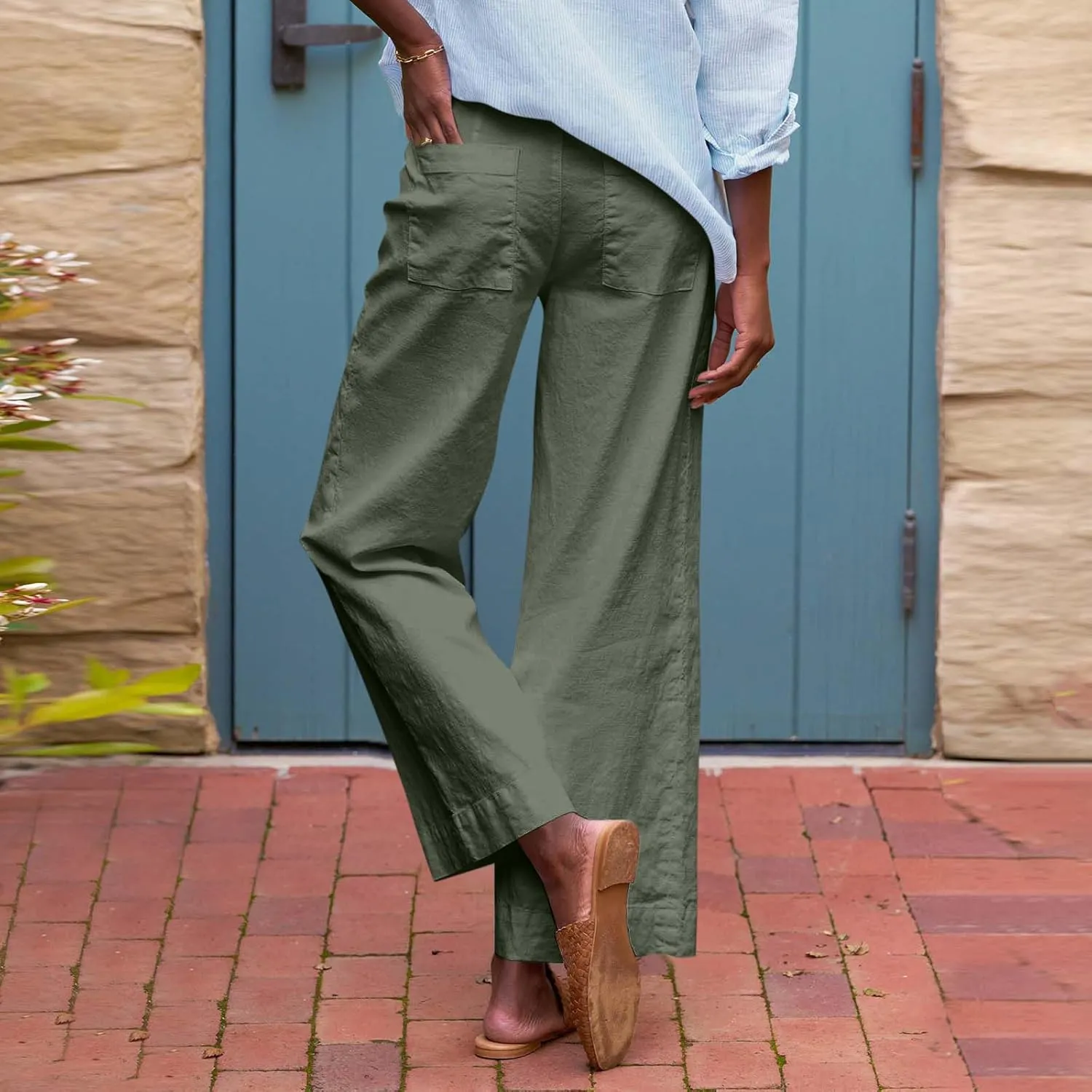 Linen Pants Trendy for Women Summer Elastic High Rise Beach Pants 2025 Loose with Pocket Solid Trousers Cute Vacation