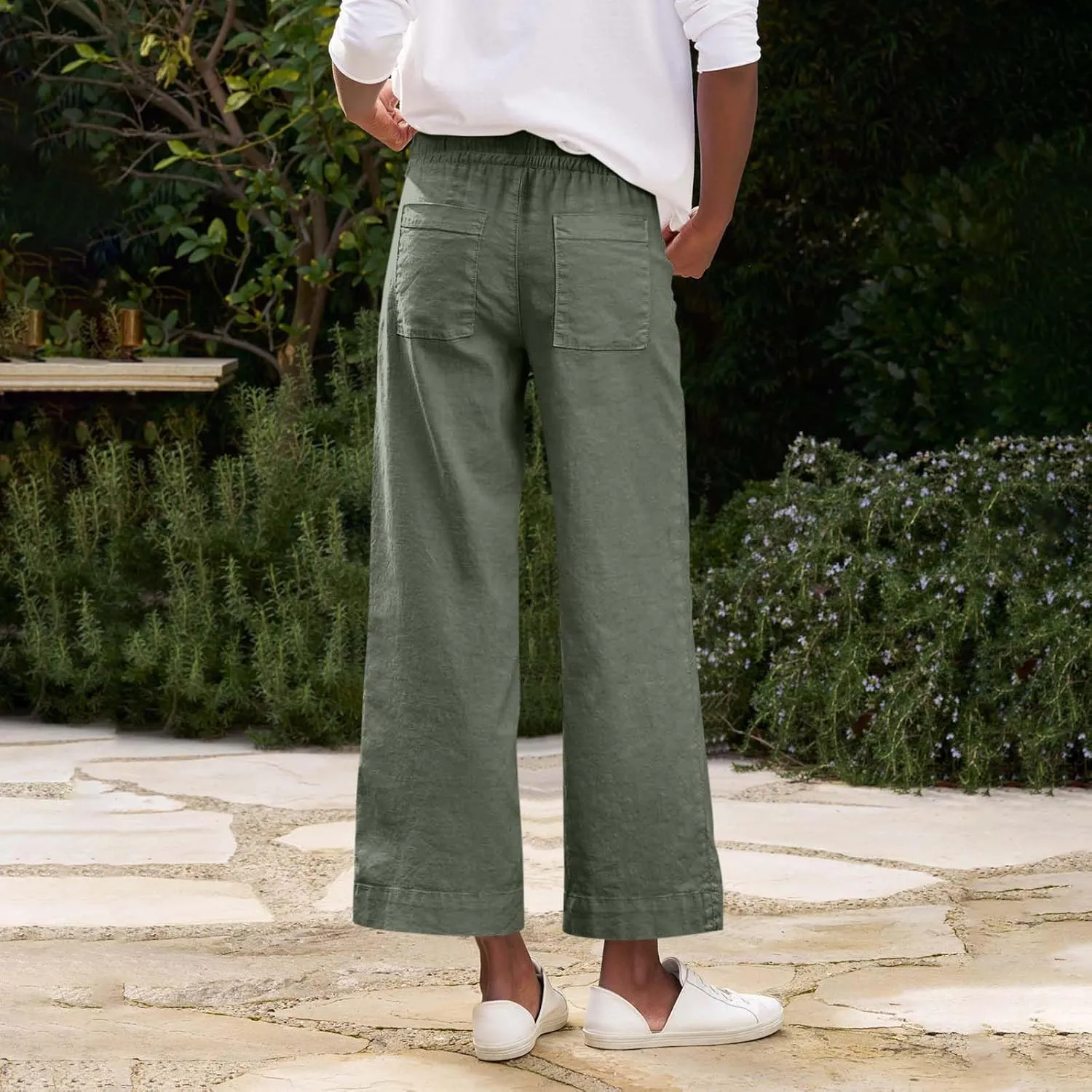 Linen Pants Trendy for Women Summer Elastic High Rise Beach Pants 2025 Loose with Pocket Solid Trousers Cute Vacation