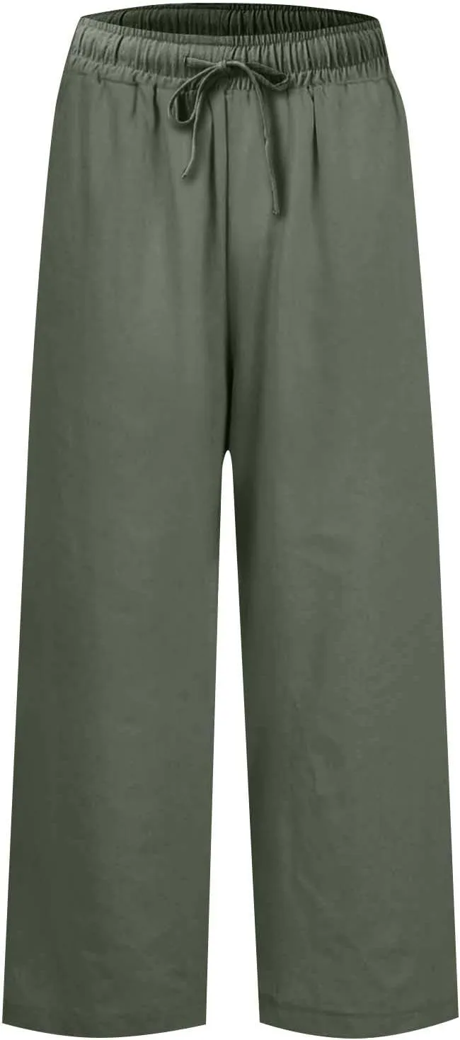 Linen Pants Trendy for Women Summer Elastic High Rise Beach Pants 2025 Loose with Pocket Solid Trousers Cute Vacation