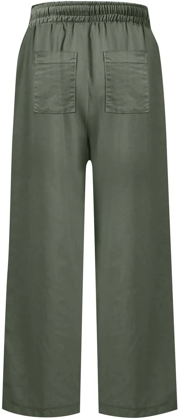 Linen Pants Trendy for Women Summer Elastic High Rise Beach Pants 2025 Loose with Pocket Solid Trousers Cute Vacation