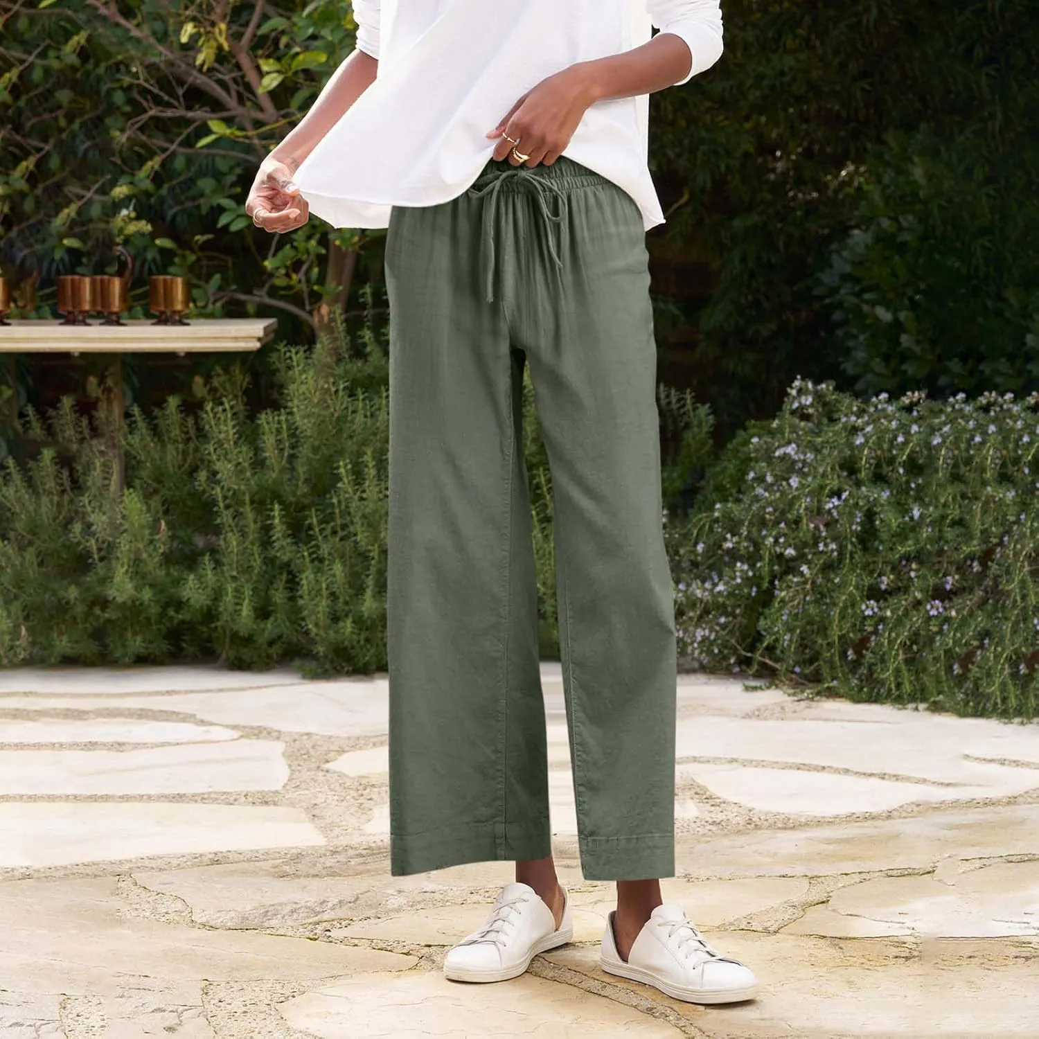 Linen Pants Trendy for Women Summer Elastic High Rise Beach Pants 2025 Loose with Pocket Solid Trousers Cute Vacation