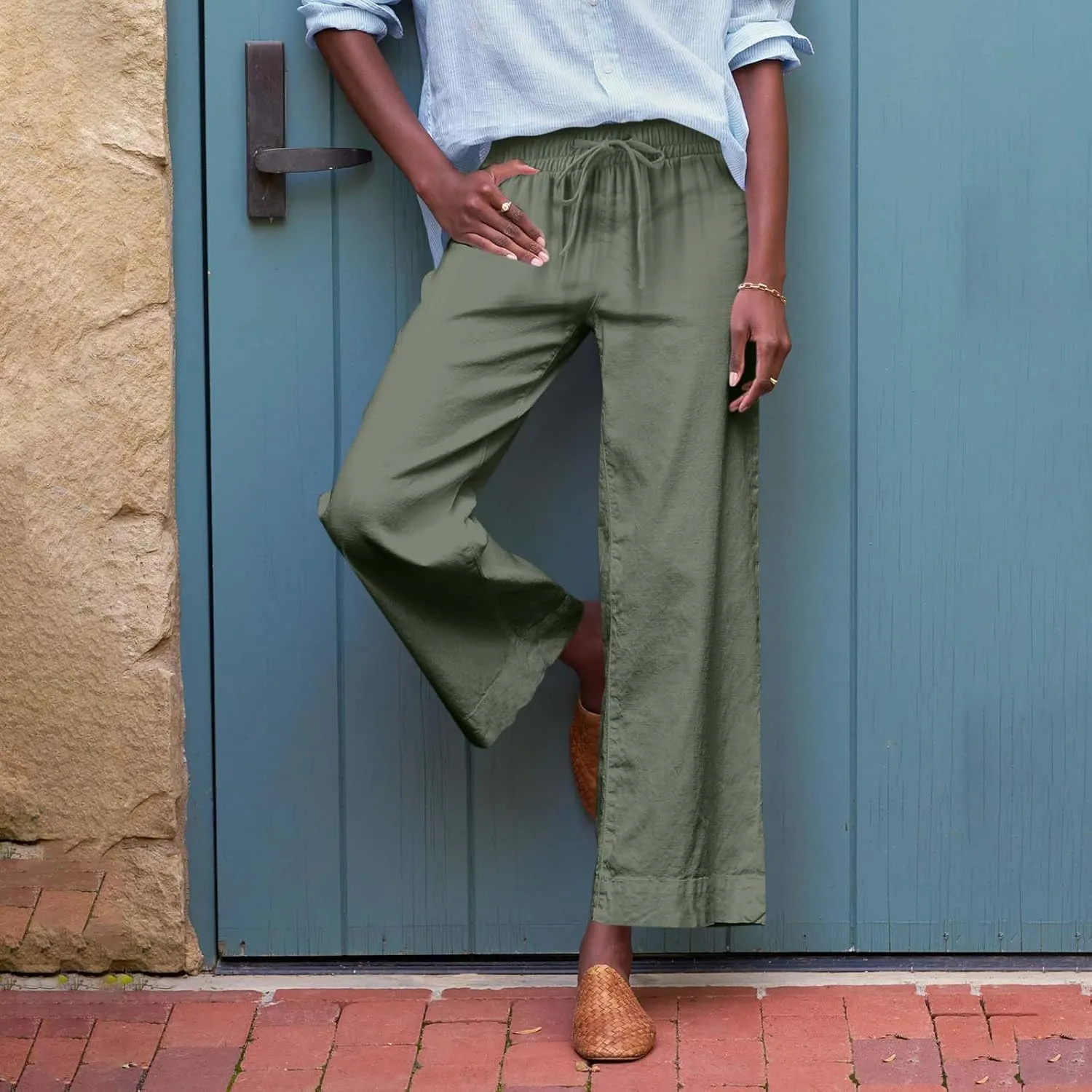 Linen Pants Trendy for Women Summer Elastic High Rise Beach Pants 2025 Loose with Pocket Solid Trousers Cute Vacation