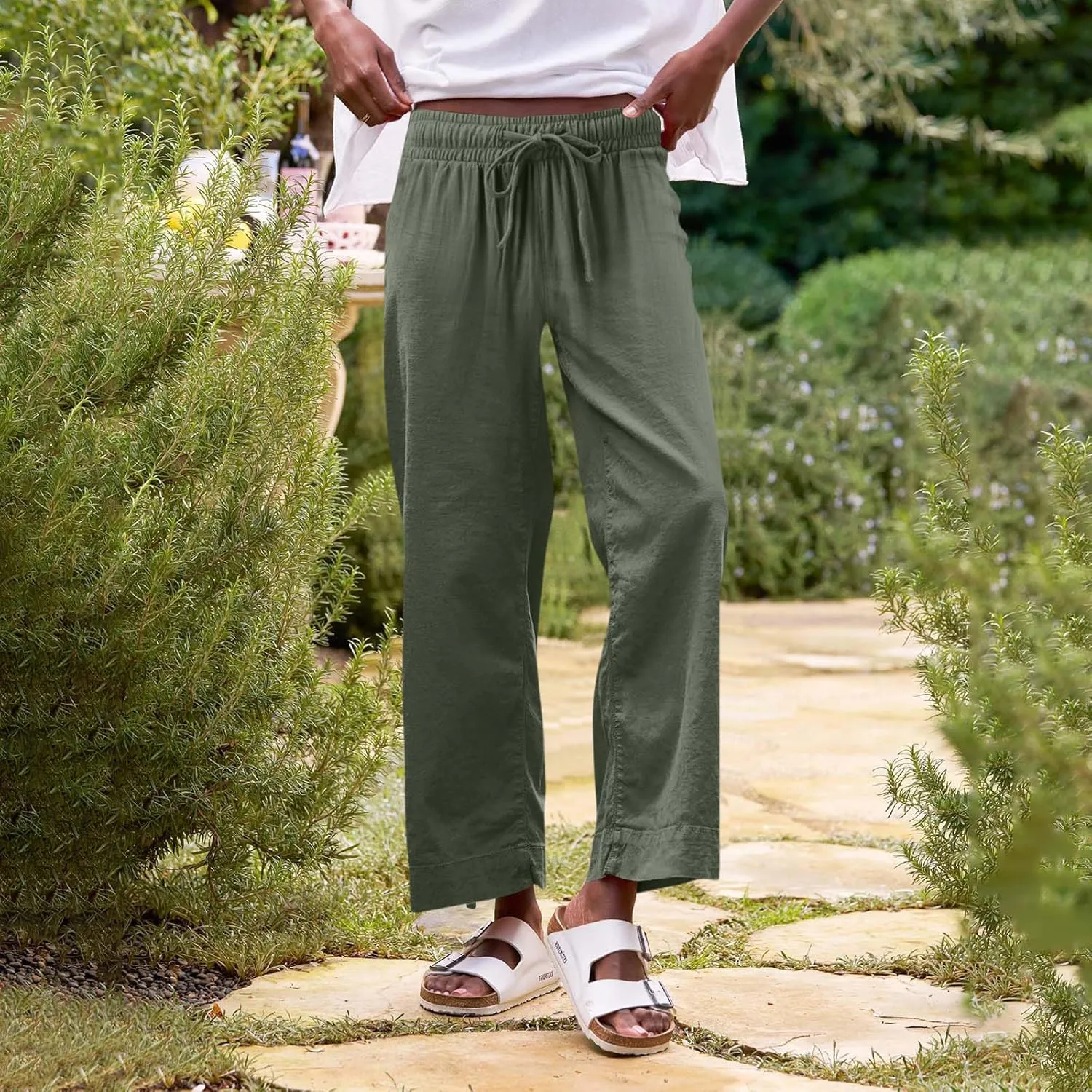 Linen Pants Trendy for Women Summer Elastic High Rise Beach Pants 2025 Loose with Pocket Solid Trousers Cute Vacation