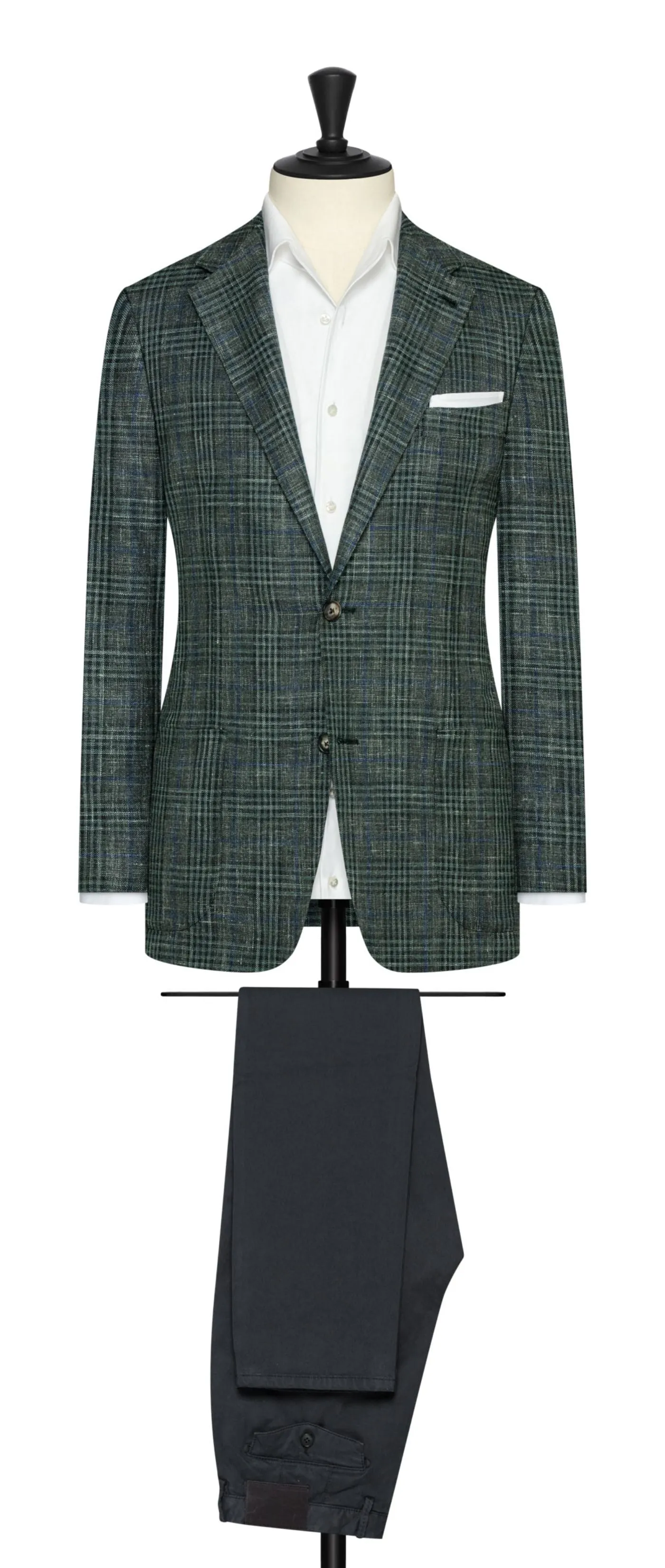 Loro Piana JERSELY Green Stretch Wool, Silk & Linen Check with Blue Windowpane