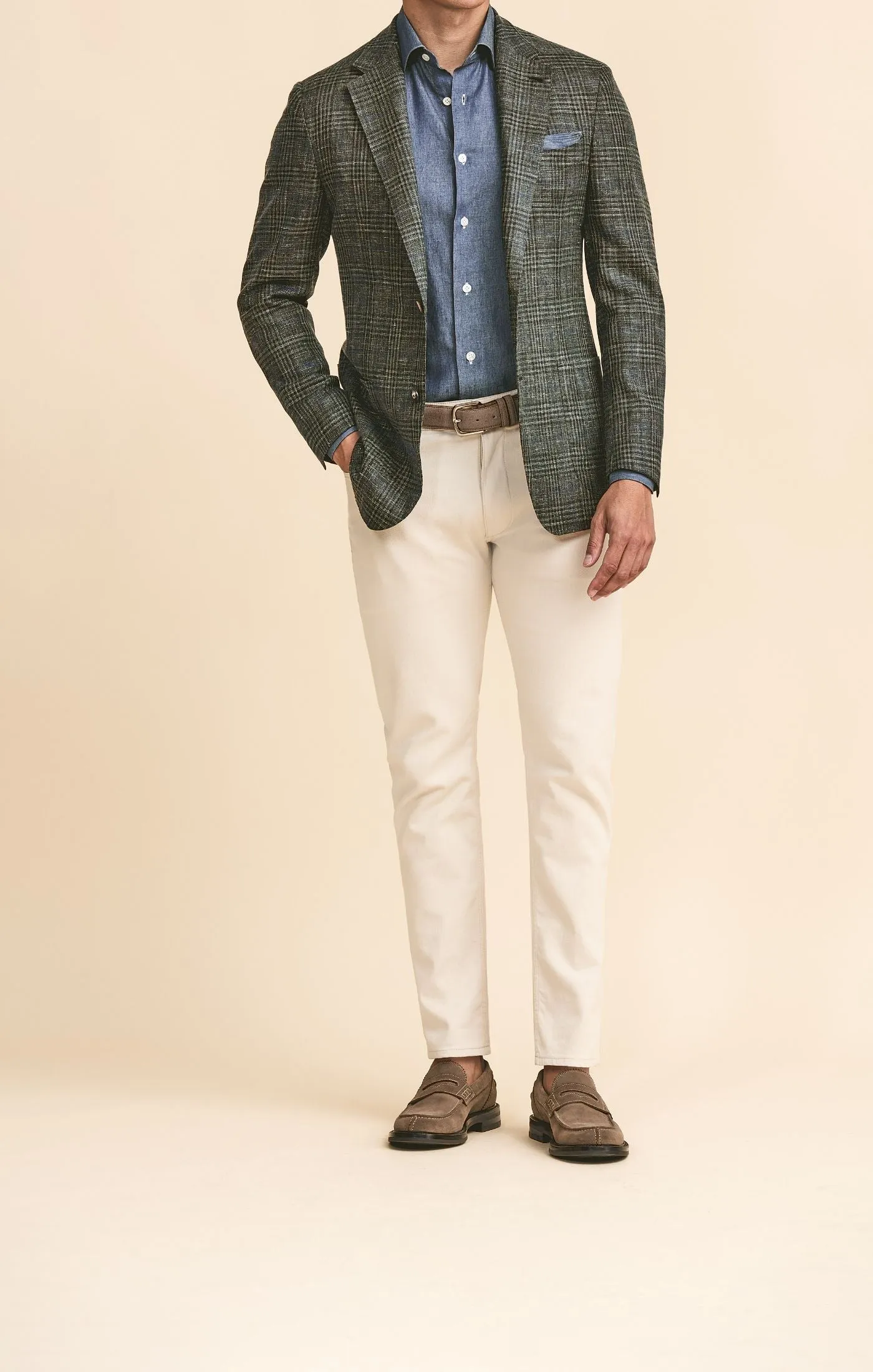 Loro Piana JERSELY Green Stretch Wool, Silk & Linen Check with Blue Windowpane