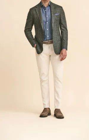 Loro Piana JERSELY Green Stretch Wool, Silk & Linen Check with Blue Windowpane