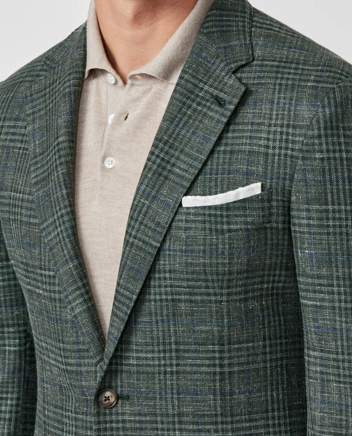 Loro Piana JERSELY Green Stretch Wool, Silk & Linen Check with Blue Windowpane