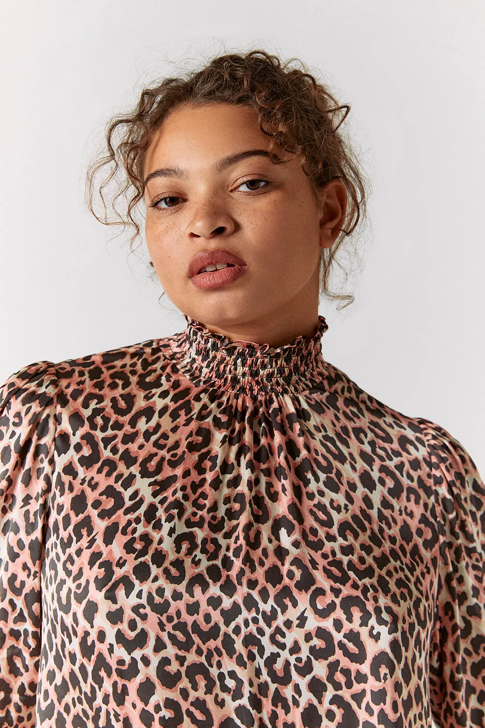 Mixed Neutral with Black Small Shadow Leopard High Neck Shirred Blouse