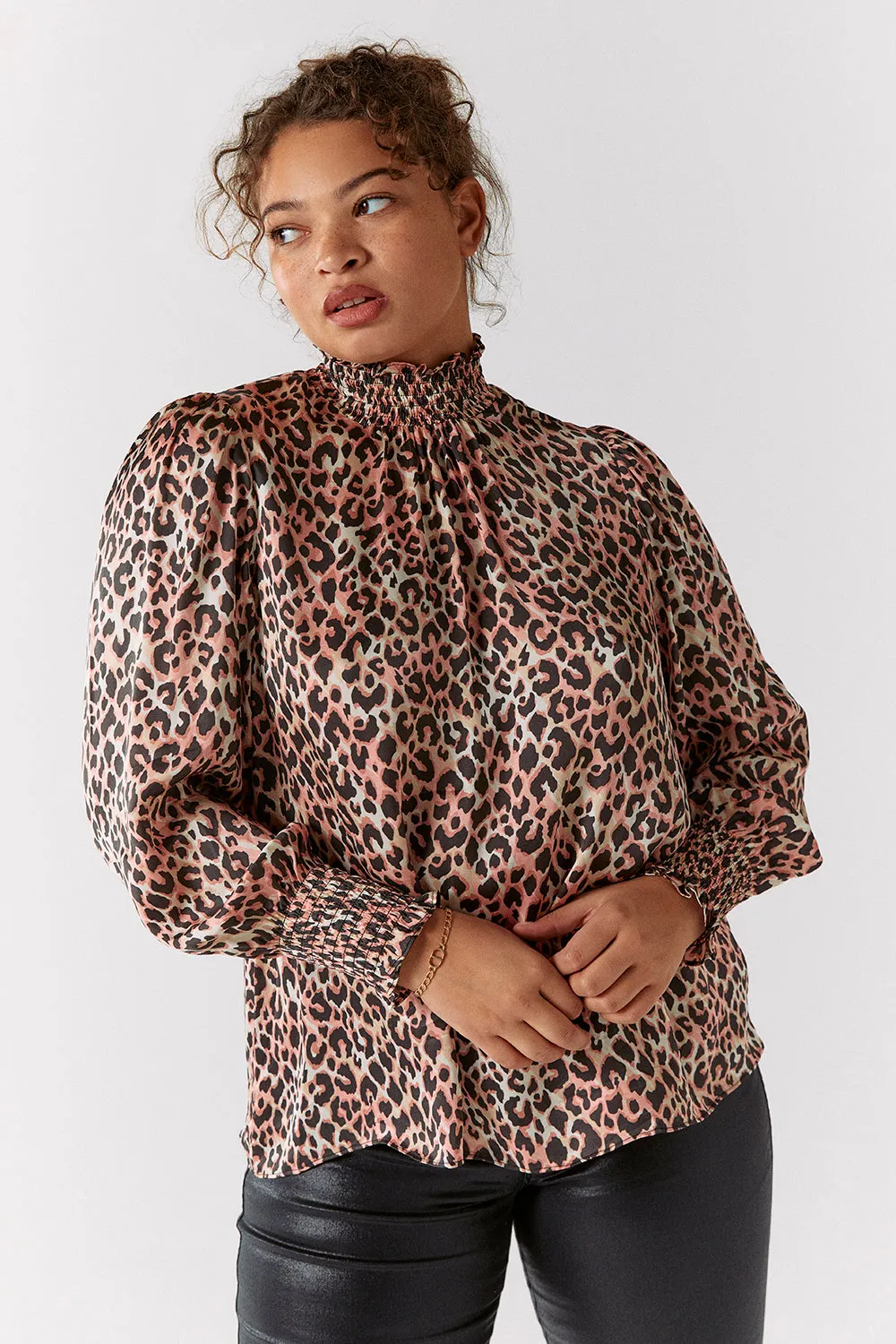 Mixed Neutral with Black Small Shadow Leopard High Neck Shirred Blouse