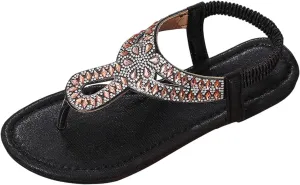Stylish Women's Sandals Comfortable Flat Flip-Flops Rhinestone T-Strap Elastic Thong Casual Beach Summer Footwear
