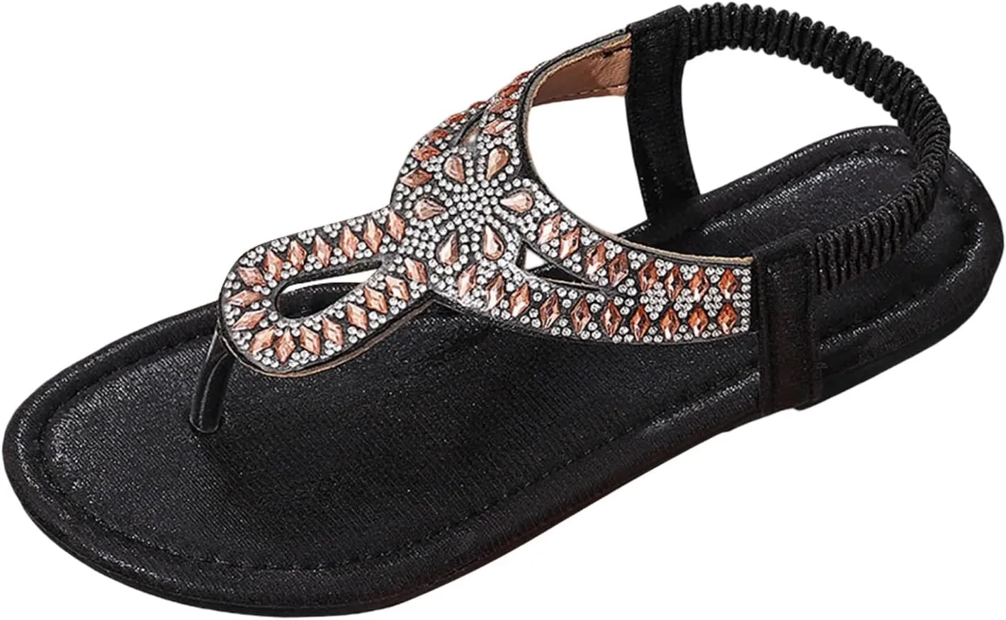 Stylish Women's Sandals Comfortable Flat Flip-Flops Rhinestone T-Strap Elastic Thong Casual Beach Summer Footwear