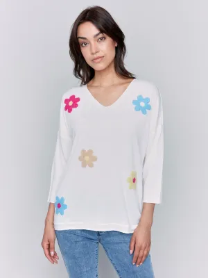 V-Neck Knit Top With Flower Appliqué - Multicolor