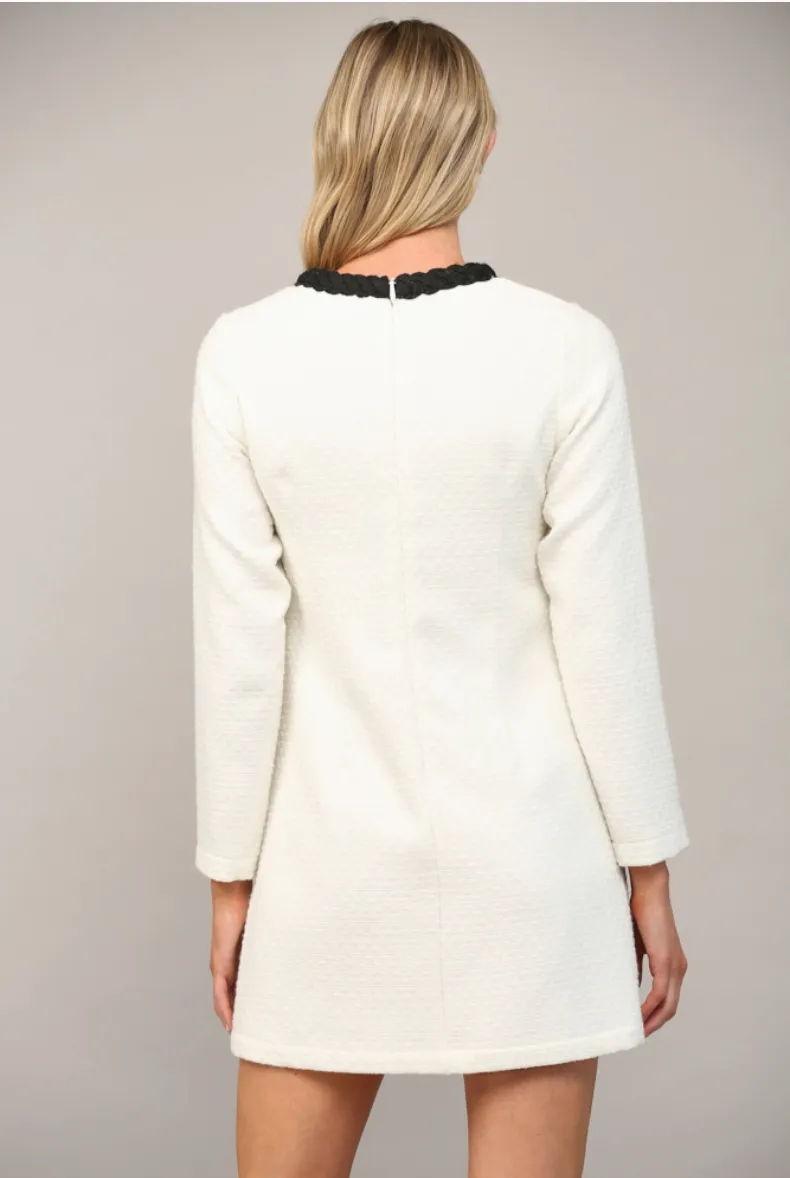 White and Black Braided Trim Tweed Dress