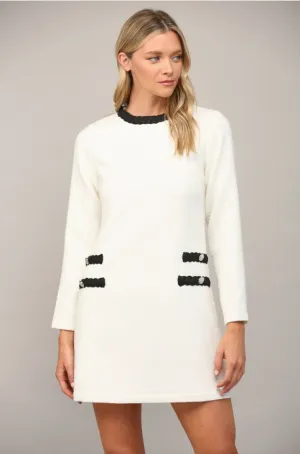 White and Black Braided Trim Tweed Dress