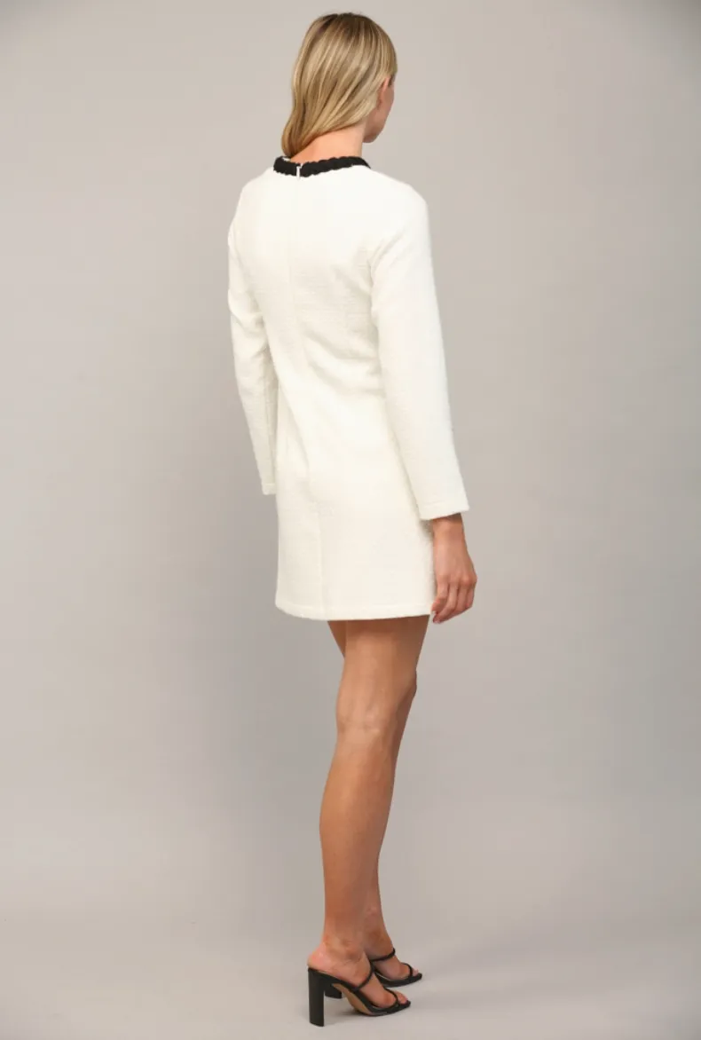 White and Black Braided Trim Tweed Dress
