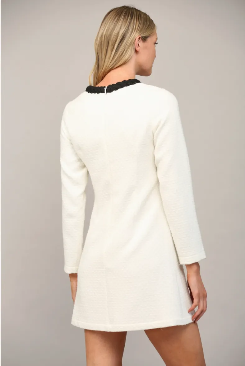 White and Black Braided Trim Tweed Dress