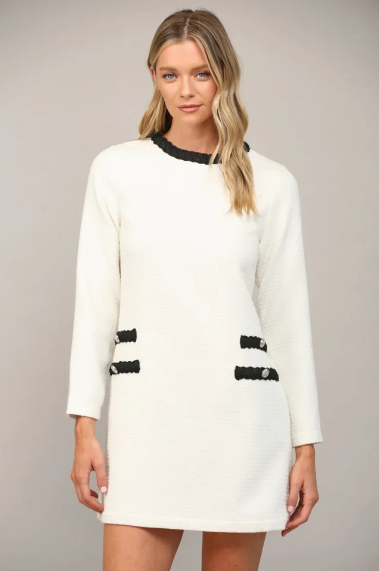 White and Black Braided Trim Tweed Dress
