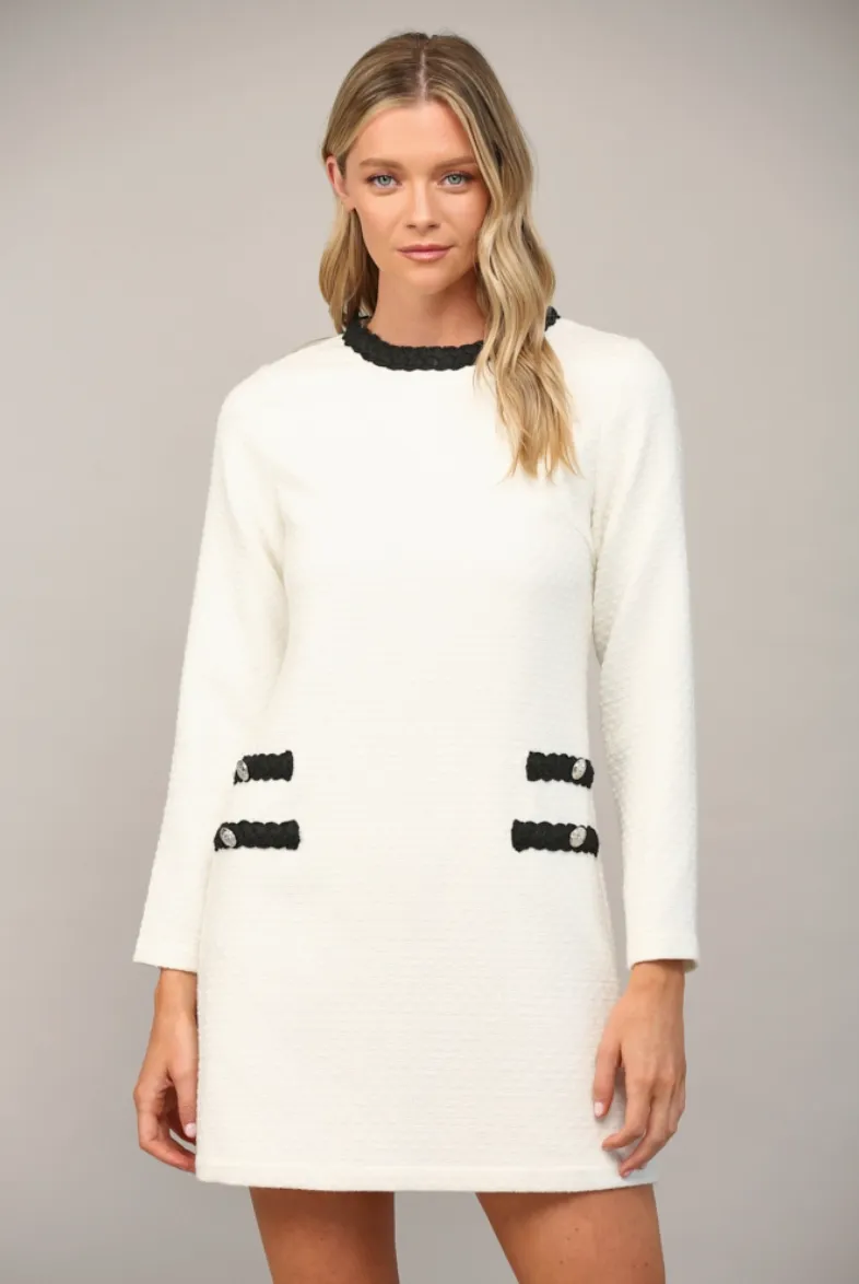 White and Black Braided Trim Tweed Dress