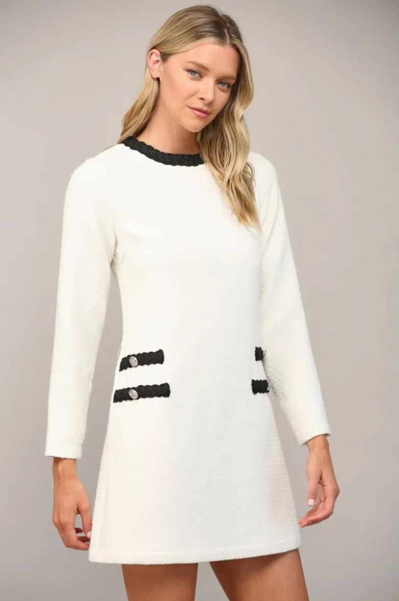 White and Black Braided Trim Tweed Dress
