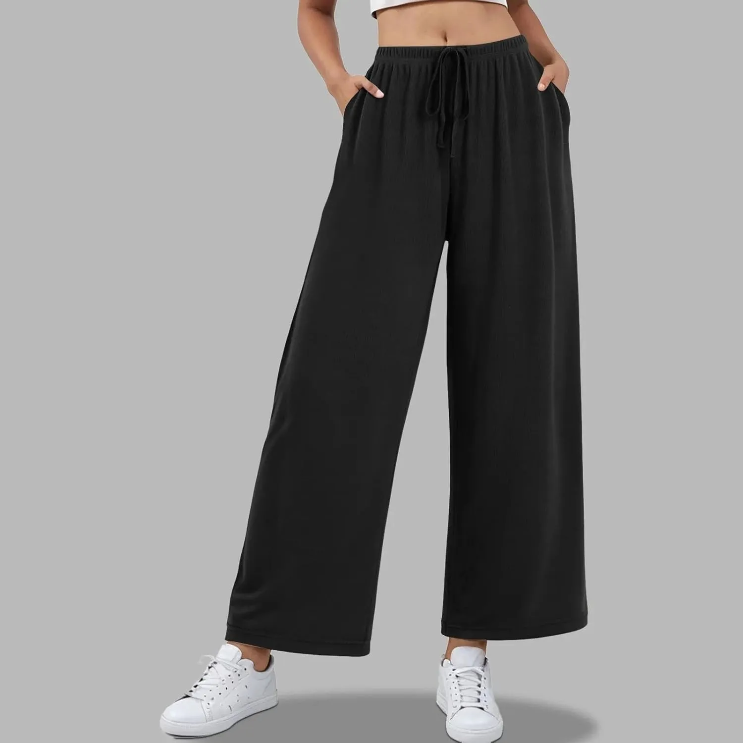 Women Dressy Wide Leg Pants Linen Blend Business Casual Palazzo Trousers with Side Pockets